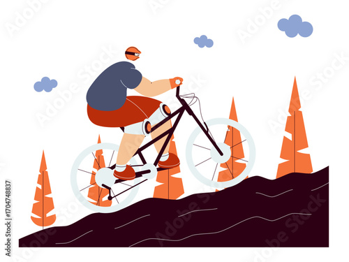 Riding a bicycle on uphill and bumpy obstacles. Extreme Sports illustration. Flat vector illustration concept.	

