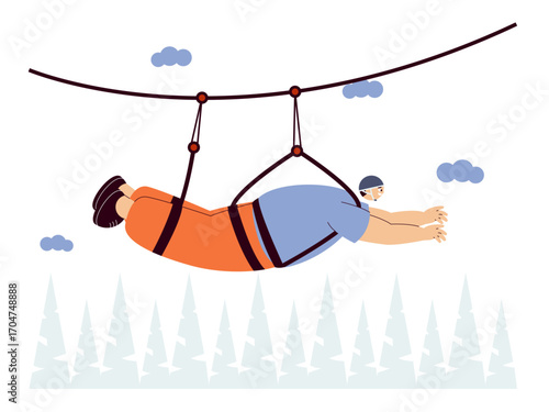 Man playing zip line in challenging position. Extreme Sports illustration. Flat vector illustration concept.	
