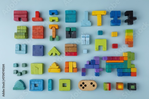 Colorful wooden blocks arranged in a grid pattern on a pastel blue surface