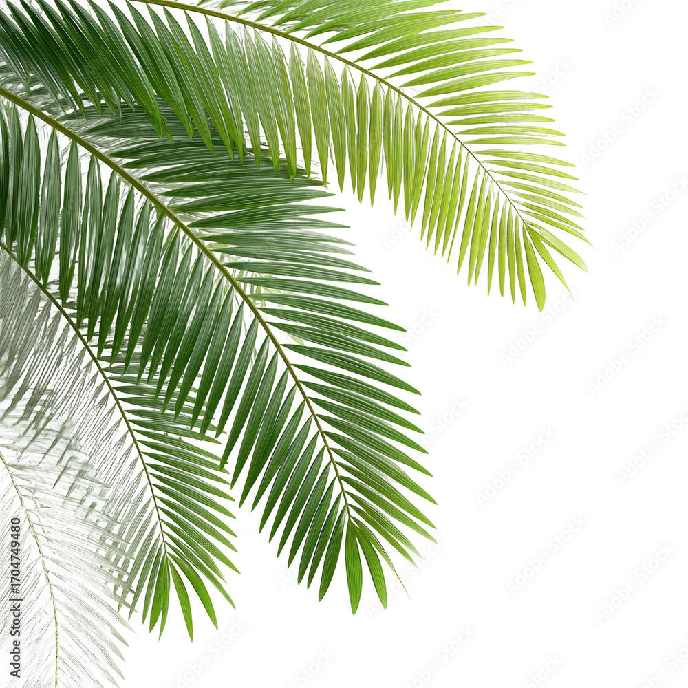 Fototapeta premium Close-up of vibrant green palm leaves showcasing their detailed structure and natural beauty in a serene environment.
