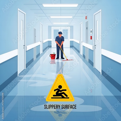 Custodian mopping wet floor, warning sign alerts of slippery surface in hospital hallway