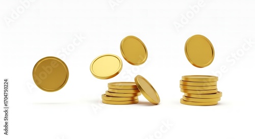 Golden coins raining down symbolizing wealth, success, and financial growth on white background