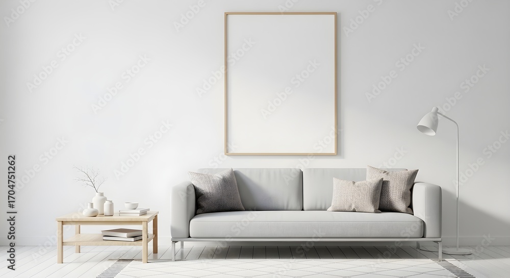 Fototapeta premium Minimalist living room with light grey sofa modern lamp and empty framed picture