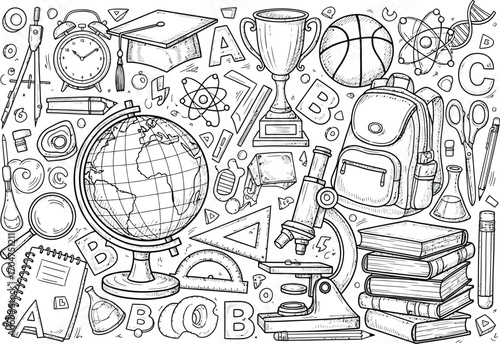 Intricate black and white doodle illustration of various school and educational supplies in a chaotic yet organized composition