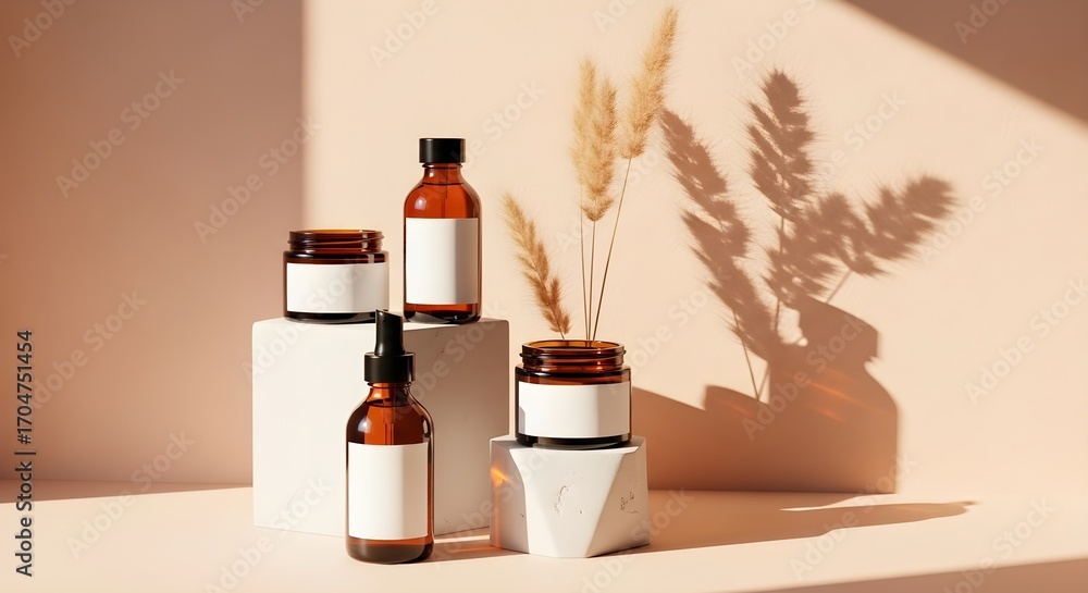 Naklejka premium Aesthetic Still Life of Cosmetic Bottles with Natural Element Shadows