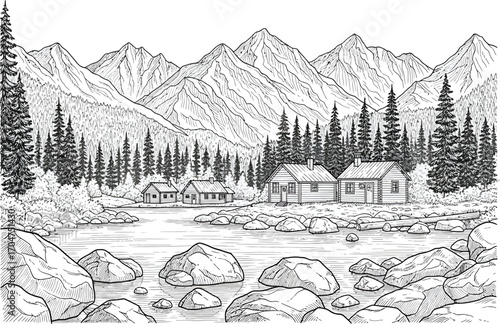 Detailed black and white ink drawing of a rustic mountain village nestled beside a serene lake surrounded by pine trees and majestic peaks
