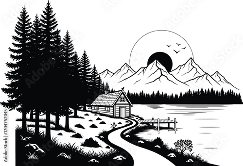 Serene black and white illustration of a rustic cabin by a tranquil lake with pine trees and majestic mountains under a large moon