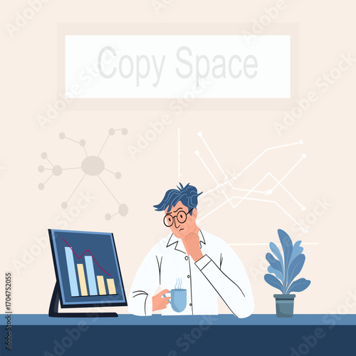 Overworked Businessman with Financial Charts    