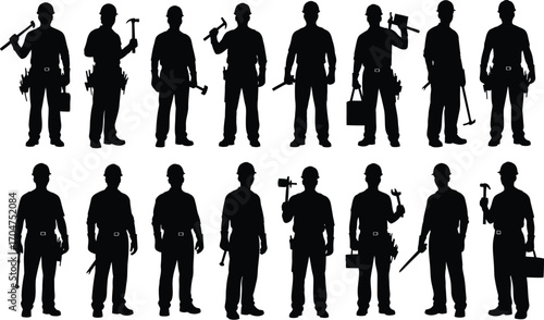Collection of silhouette figures of construction workers holding tools and equipment on white background