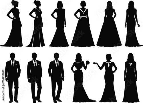 Elegant silhouettes of men and women in formal attire showcasing diverse fashion styles for special occasions
