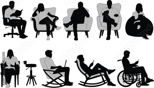 Collection of diverse people silhouettes in various seated positions on furniture and in a wheelchair