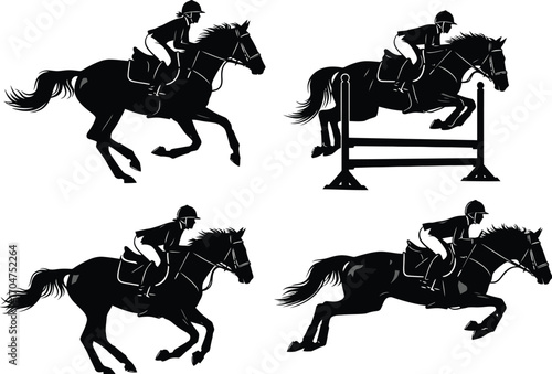 Four silhouettes of horse riders in action showing different poses and jumping over obstacles