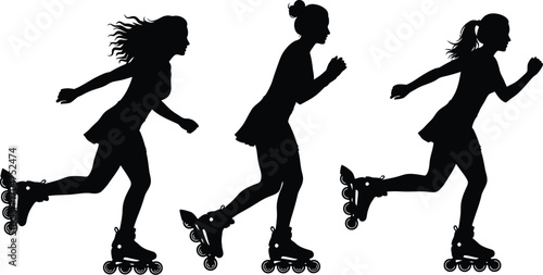Three silhouettes of young girls enjoying rollerblading outdoors on a sunny day