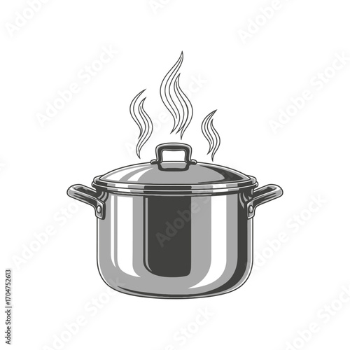 Vintage illustration of a stainless steel pot with a lid and steam rising.