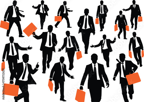 Diverse group of businessmen in suits carrying orange briefcases in various dynamic poses and actions