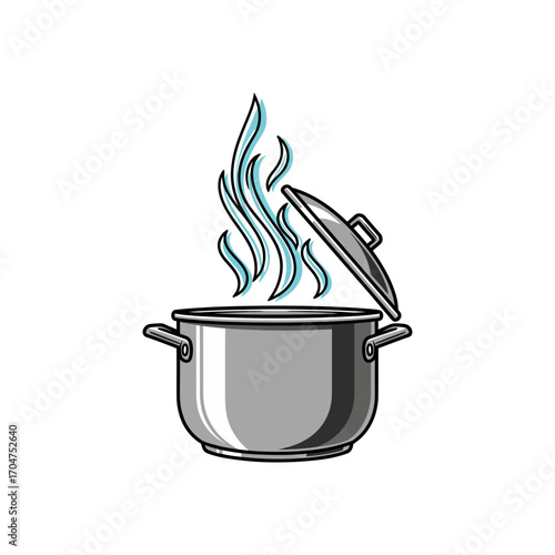 Illustration of a cooking pot with steam rising, lid ajar, isolated on white background.