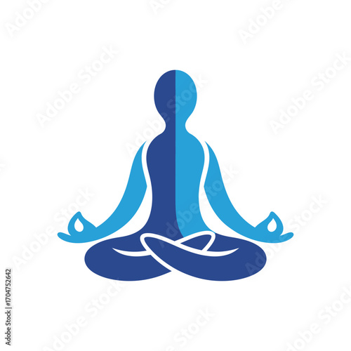 A stylized blue graphic of a person sitting in the lotus yoga pose, representing meditation, balance, and wellness.