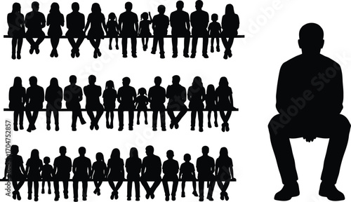 Diverse group of people silhouettes sitting on benches and a single person isolated on white background