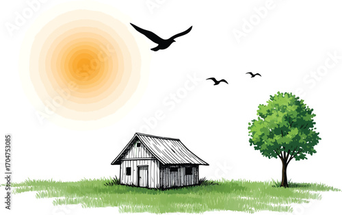 Idyllic rural landscape with a rustic cottage a vibrant green tree and birds flying under a bright sun