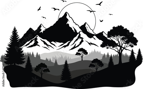 Majestic mountain range silhouette with soaring birds against a large full moon in a serene forest landscape