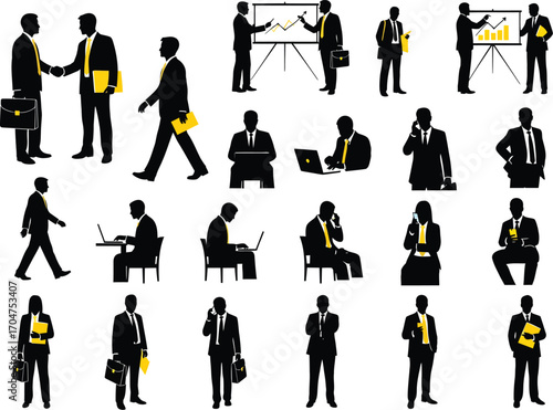 Collection of diverse business professionals in various poses and actions demonstrating corporate life and office scenarios