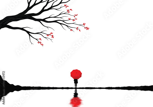 Lone figure holding a bright red umbrella stands in calm water reflecting the tree and sky