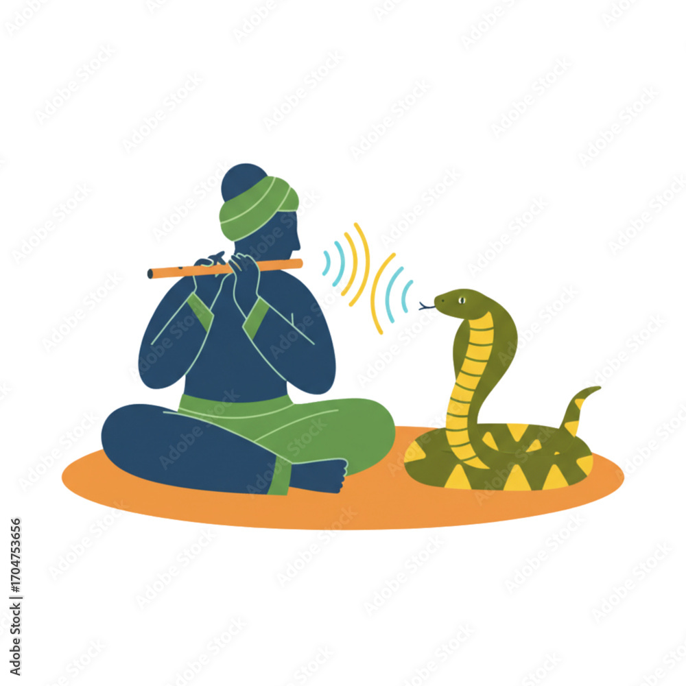 Obraz premium Traditional Indian snake charmer playing a flute to hypnotize a dancing cobra snake, an ancient cultural performance
