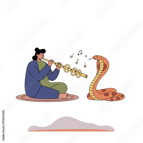 A creative vector illustration of a snake charmer playing a quirky pretzel-shaped flute to an enchanted cobra