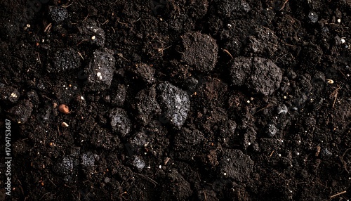 Close-up view of dark soil with rocks