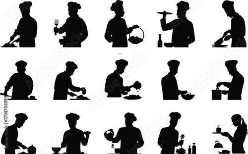 Silhouette chefs cooking, preparing food, serving dishes, kitchen staff working, culinary professionals in action, restaurant kitchen teamwork, black and white chef illustrations set.