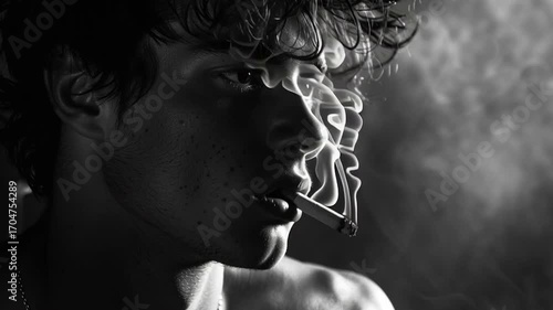 Moody portrait of young man or teenager smoking in black and white, closeup