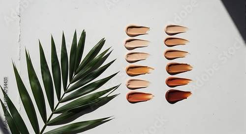 Range of makeup swatches with green leaves