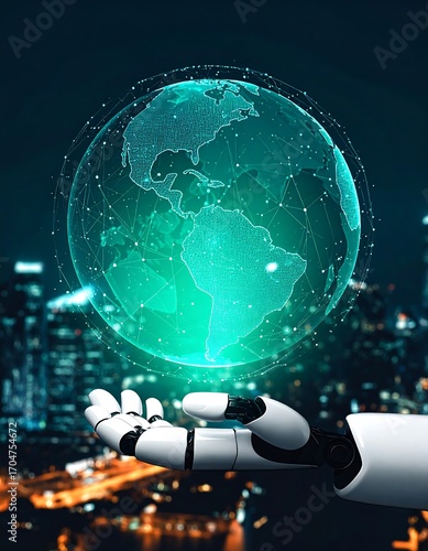 Robotic hand holds a holographic Earth