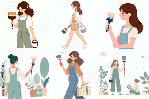 vector illustration set of women carrying paint brushes