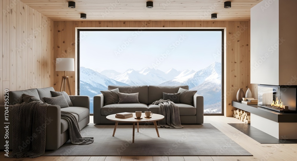 Fototapeta premium Modern living room with large window showcasing snow capped mountain range and contemporary fireplace