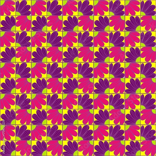 seamless floral pattern, Seamless pattern featuring repeated stylized floral designs with large petals in alternating purple and bright pink shades