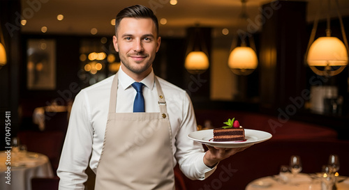 Smiling waiter in a restaurant holding a plate with a slice of chocolate cake topped with berries.