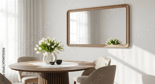 Modern minimalist dining room interior design with wooden table white tulips and large mirror