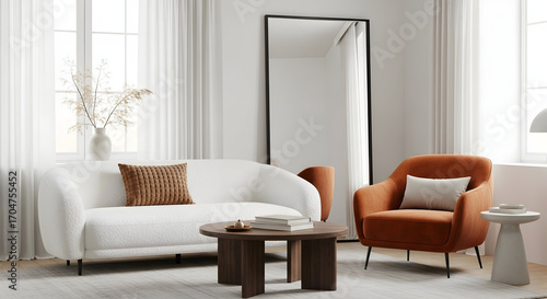 Wallpaper Mural Modern minimalist living room interior design with white sofa orange armchair and wooden coffee table Torontodigital.ca