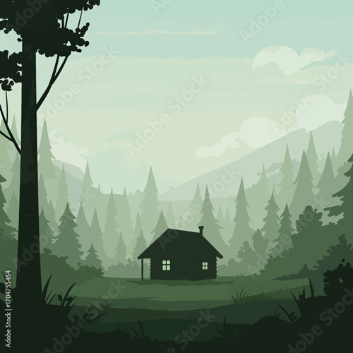 Vector Scenic Forest Landscape Illustration with Cabin in Modern Minimalist Style in Green Tones
