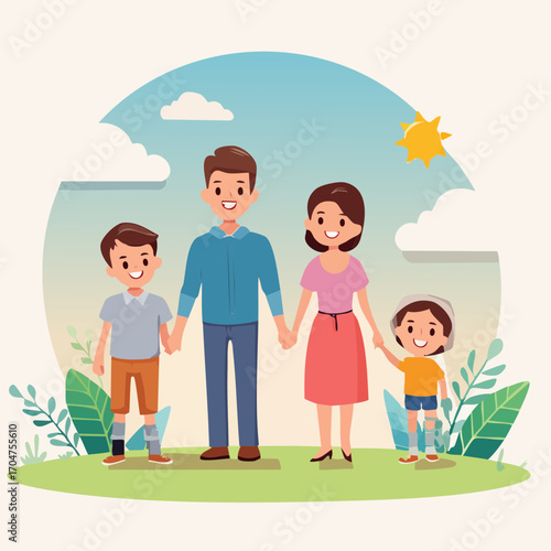 Happy Family Outdoors Illustration in Flat Vector People Design
