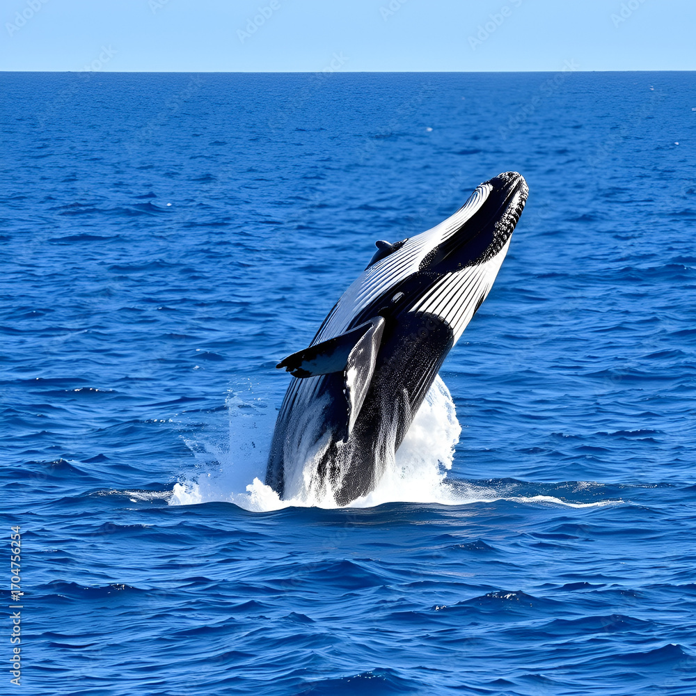 Fototapeta premium A humpback whale breaching the surface of the ocean and its massive body rising out of the water in a spectacular display