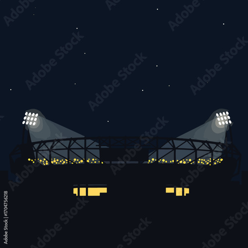 Vector Stadium Lighting Illustration in Modern Minimalist Style with Night Sky and Spotlights