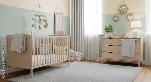 Wallpaper Mural A serene nursery featuring a wooden crib a dresser with decor and soft pastel walls Torontodigital.ca