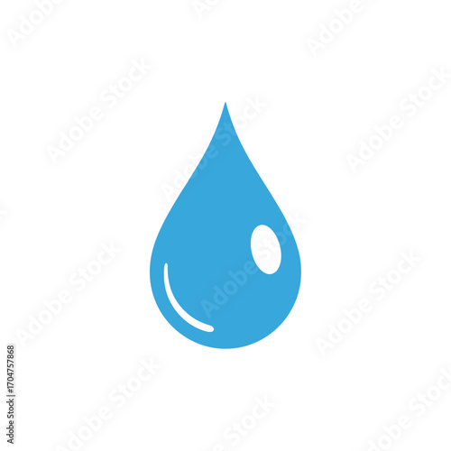 Blue Water Drop Icon with Reflection on White Background.