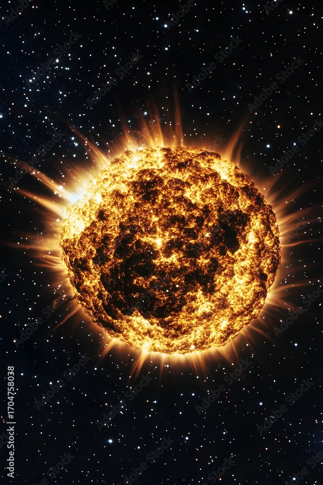 Fototapeta premium Fiery Sun with Solar Flares in Starry Space astronomy