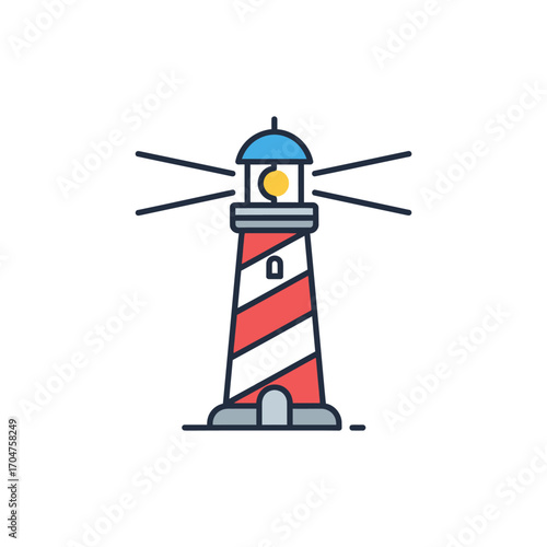 Cartoon Lighthouse with Red and White Stripes Guiding Ships.