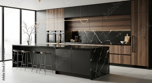 Modern kitchen with black marble island wood cabinets and minimalist decor