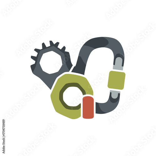 Climbing Gear Illustration - Carabiner, Nut, and Cogwheel.