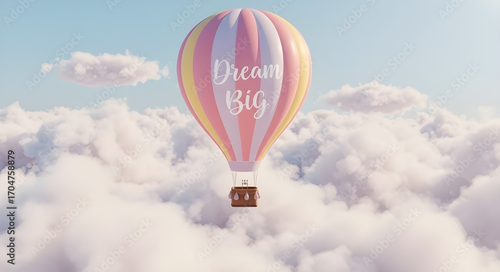 Naklejka premium Pastel hot air balloon with 'Dream Big' text soars above dreamy, fluffy clouds under a soft blue sky,